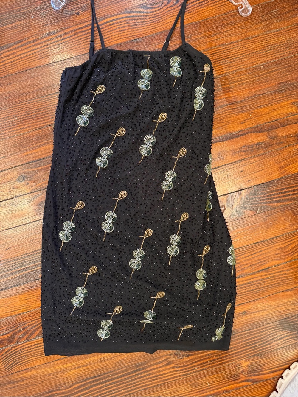Bloomingdale's Black Beaded Mini Dress with Green and Gold Embroidery - Picture 5 of 7